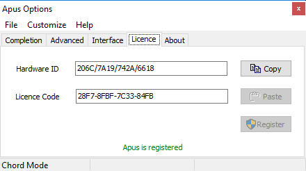 Screenshot showing Apus is Licensed